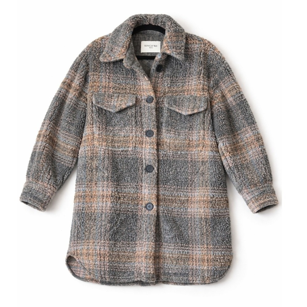 Since're Paris Plaid Sherpa Teddy Shacket Jacket Gray Metallic EU 40 US 8 Button